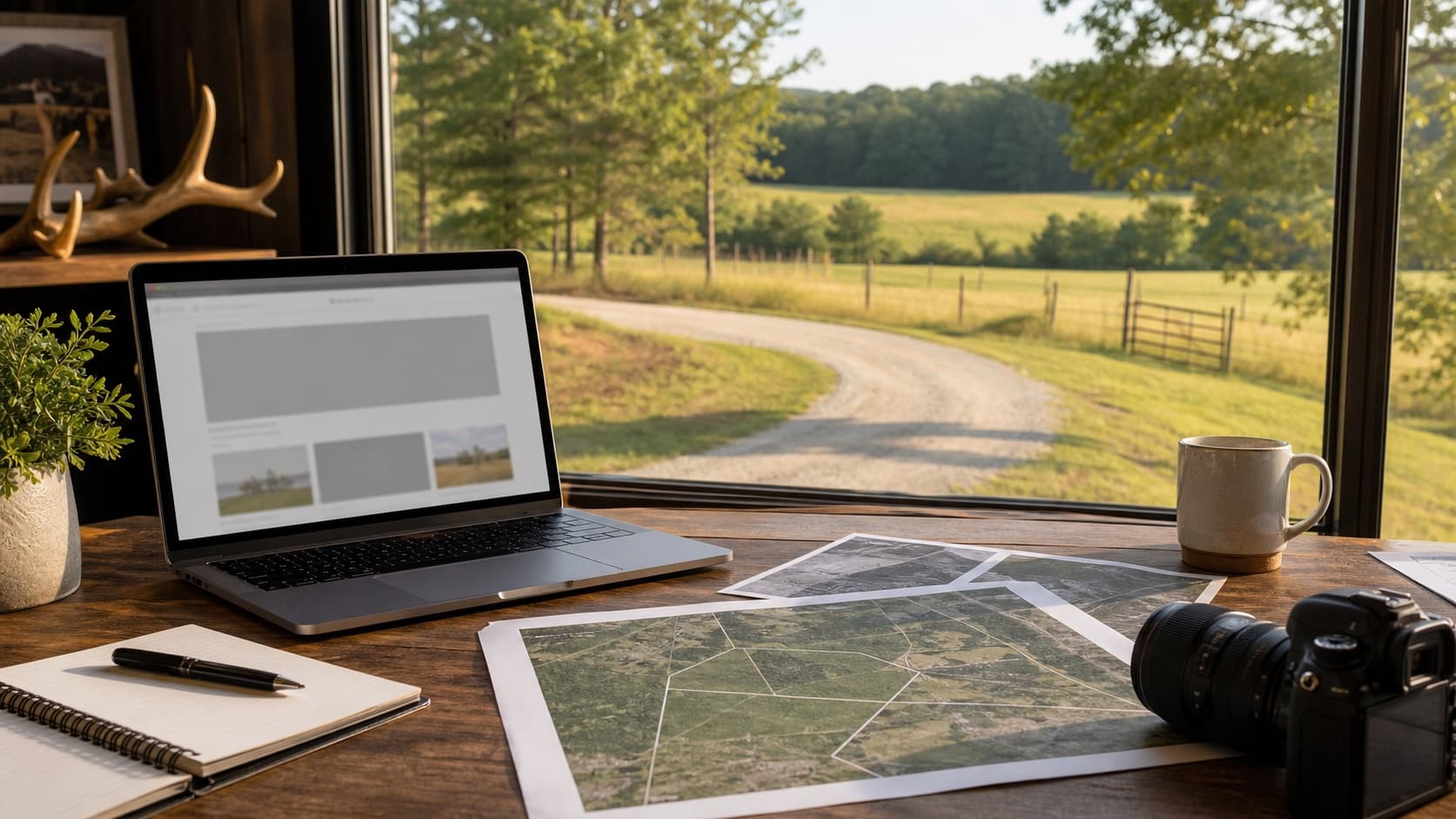 Owner preparing an online hunting land lease listing with private acreage visible outside