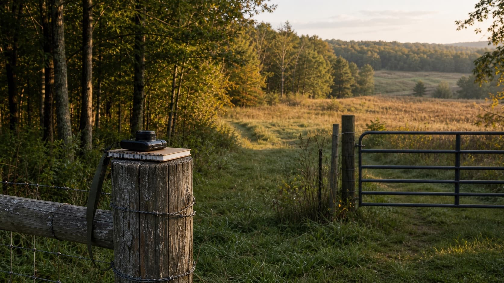 Private field edge with notebook and camera for an owner-listed hunting lease guide