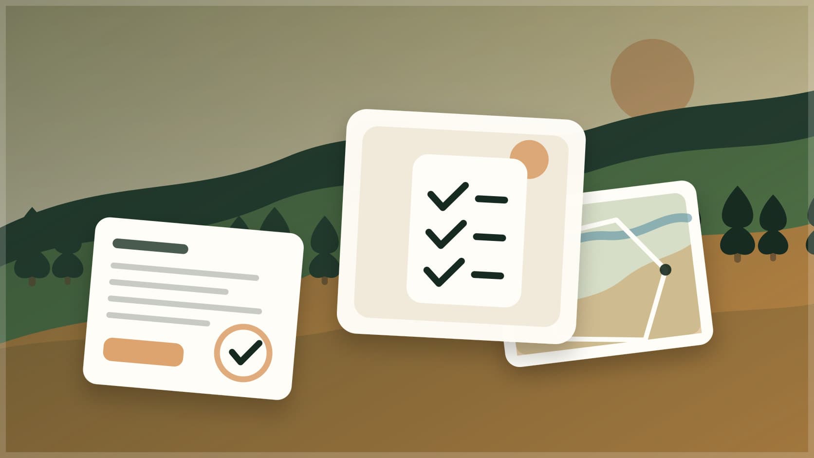 Harvest report clipboard, trail camera card, and mapped check-in area on private land