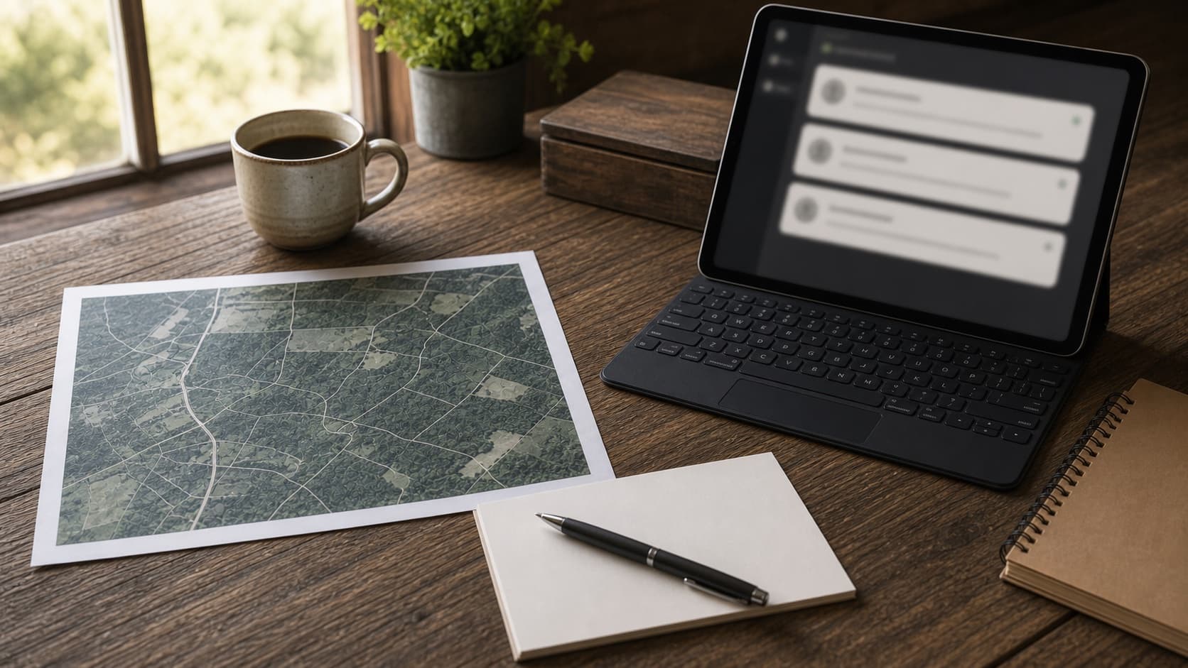 Desk with map and blurred request messages for a hunting lease request guide