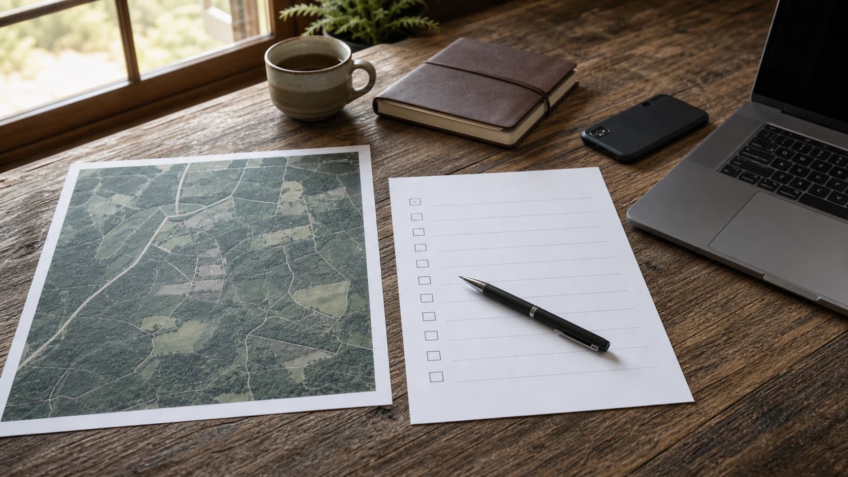 Landowner desk with property map and blank checklist for screening hunting lease requests