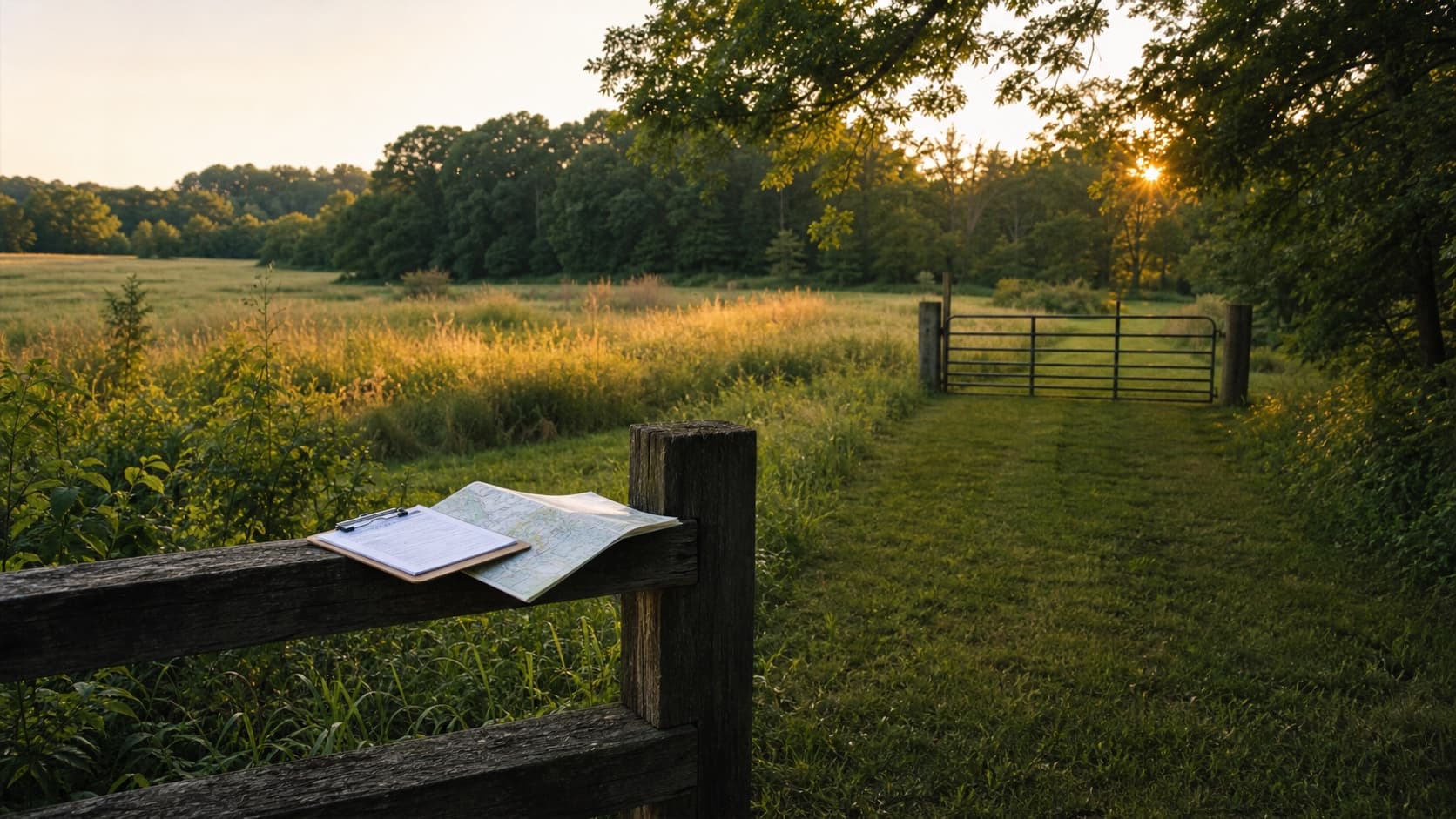 Private field edge with owner planning notes for leasing land for hunting