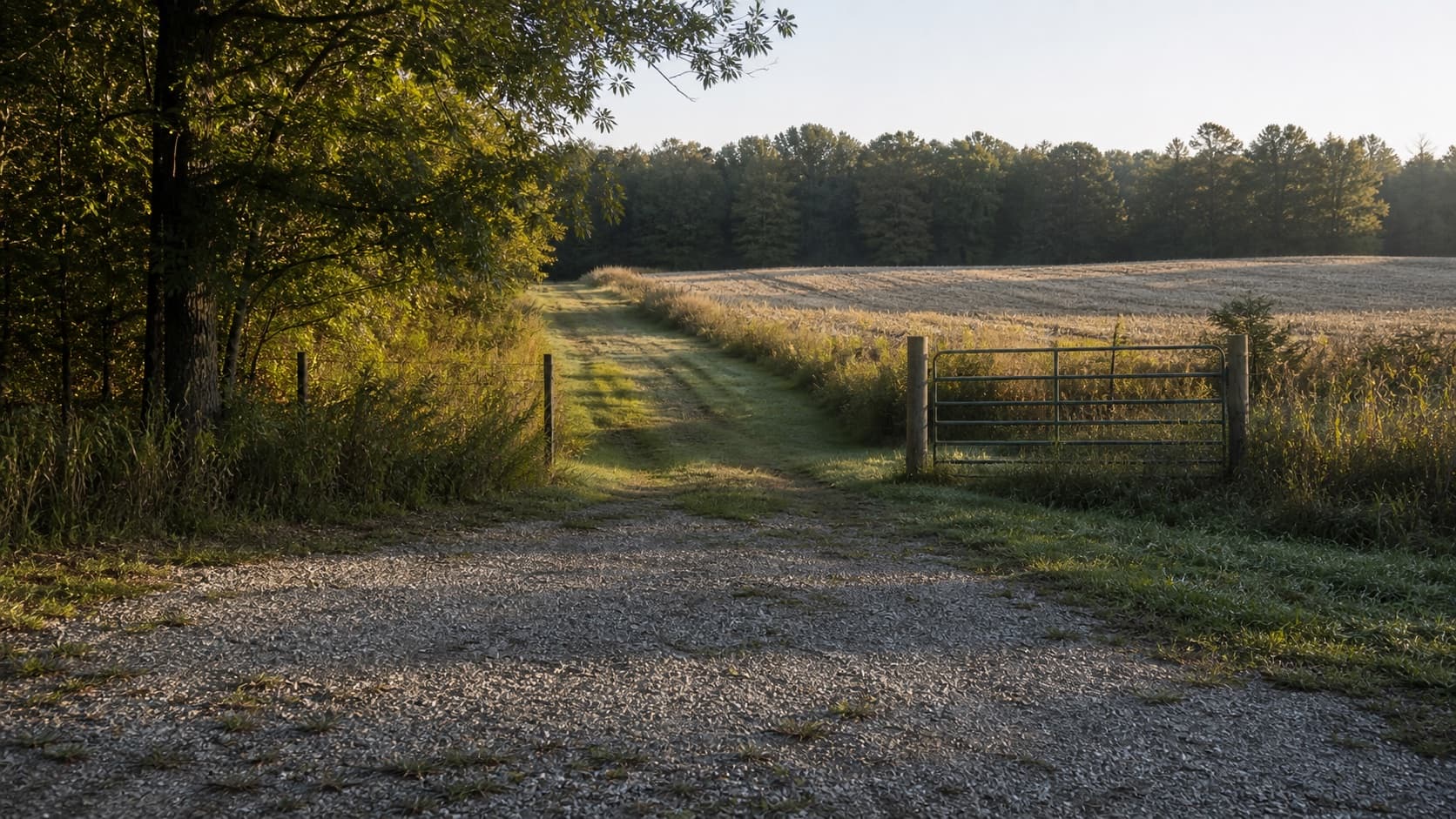 Quiet gravel pull-off and field gate for a weekend hunting lease guide